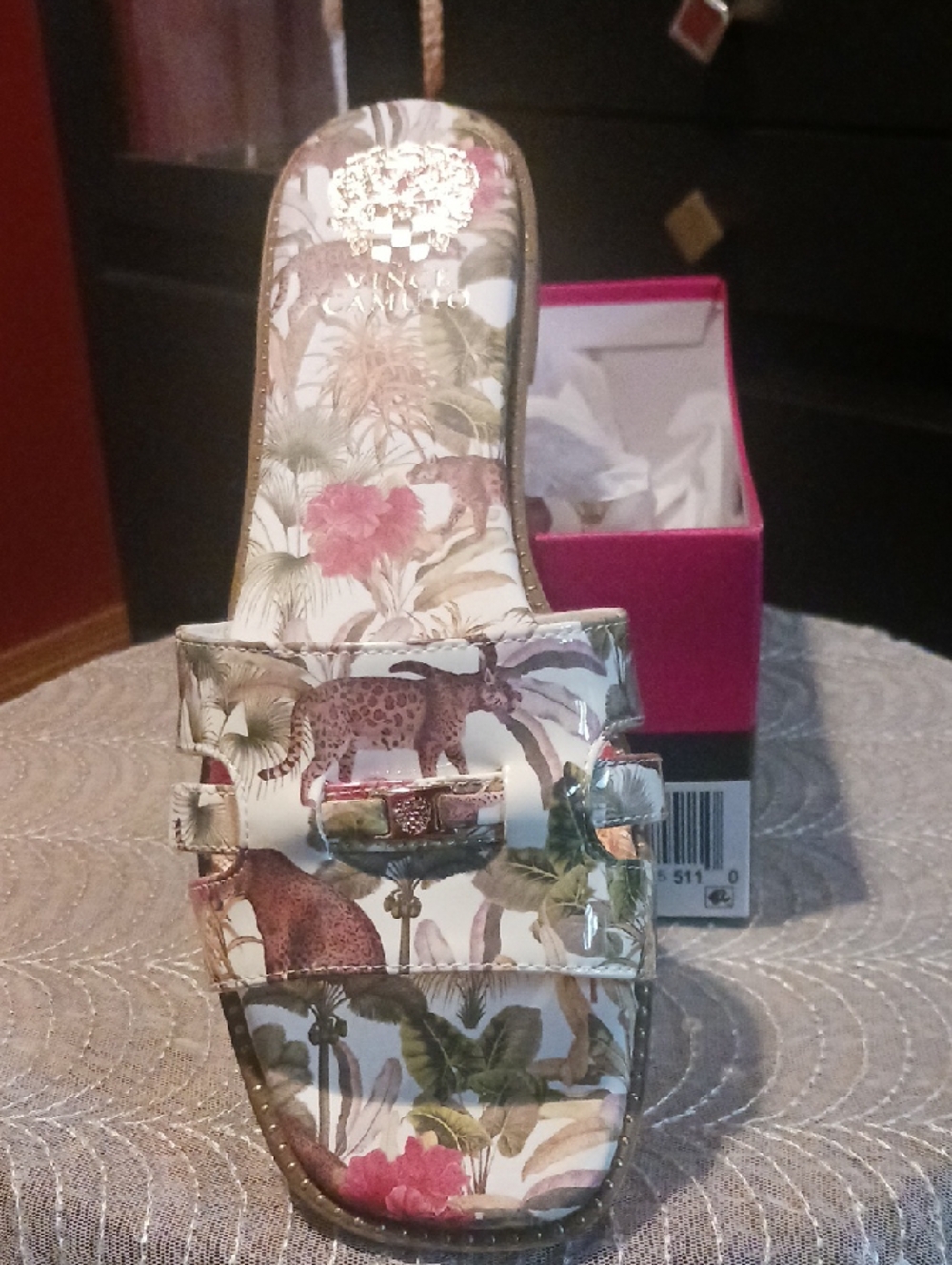 Vince Camuto White Floral & Leopard Print Slide with Gold Accent